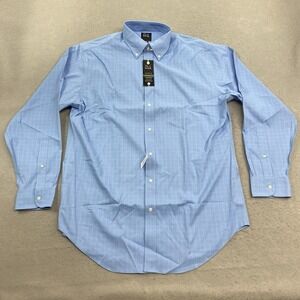 Jos A Bank Traveler Shirt Mens 16.5 Blue Tailored Fit Performance Windowpane